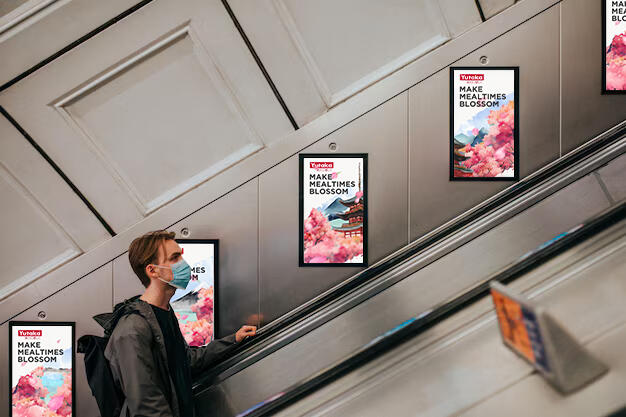 London underground escalator displaying Yukata panels