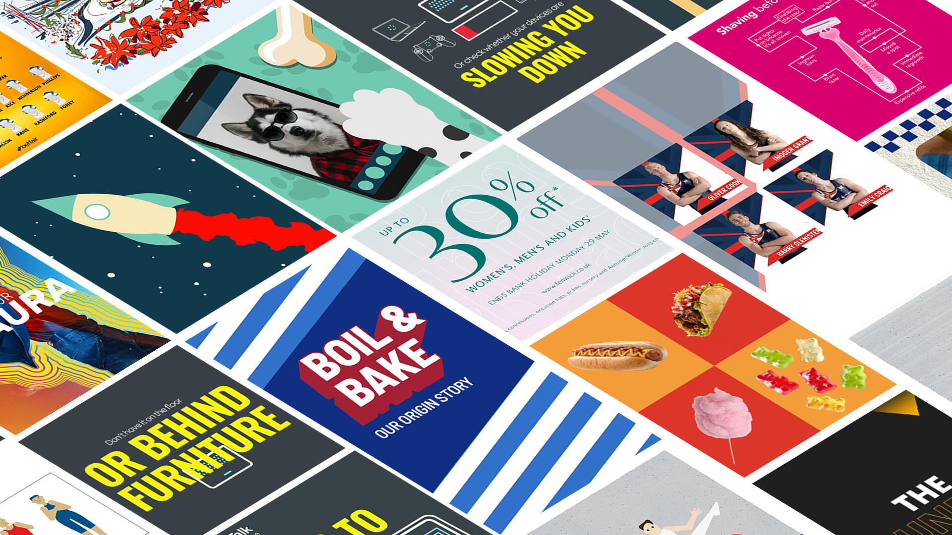 Grid of social posts